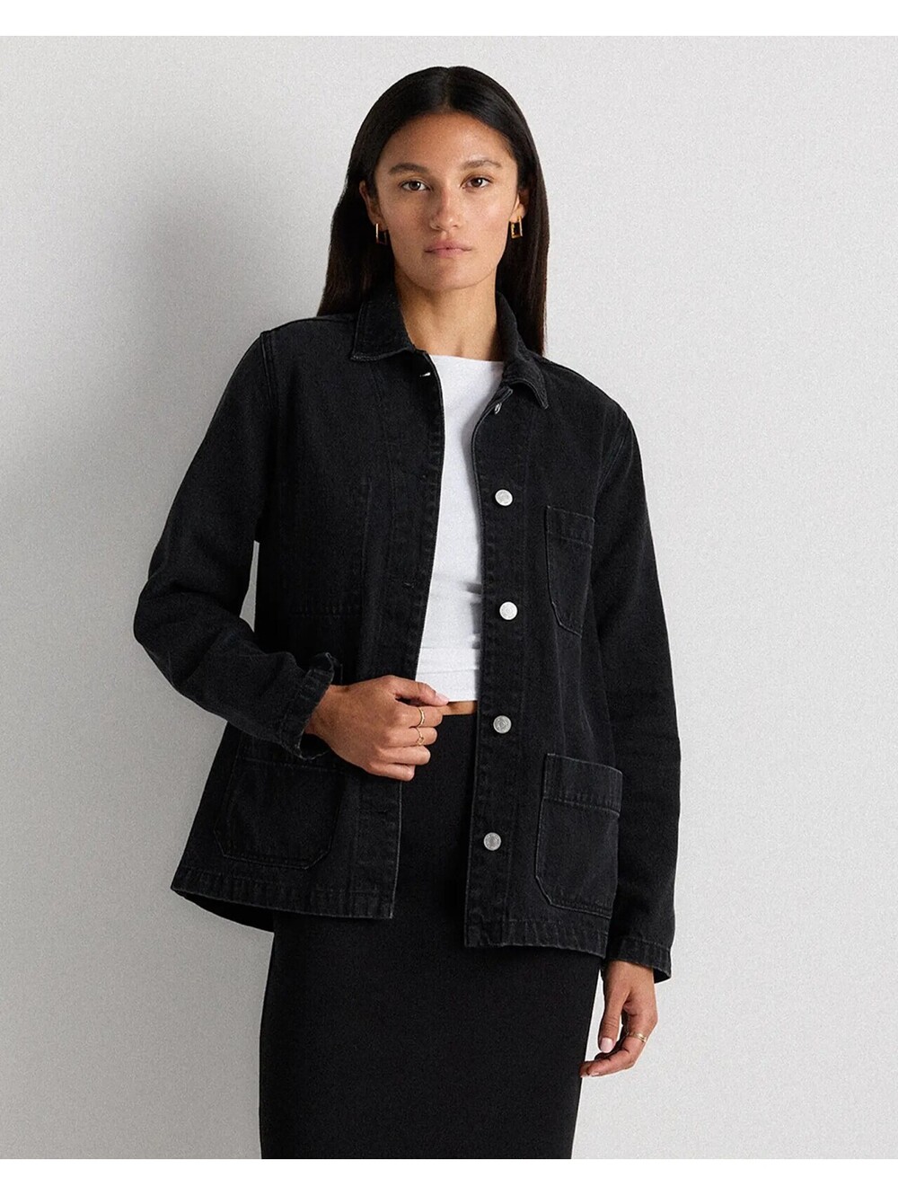 NWT Quince Organic Cotton Denim Chore Jacket Washed Black Woman's Med Utility